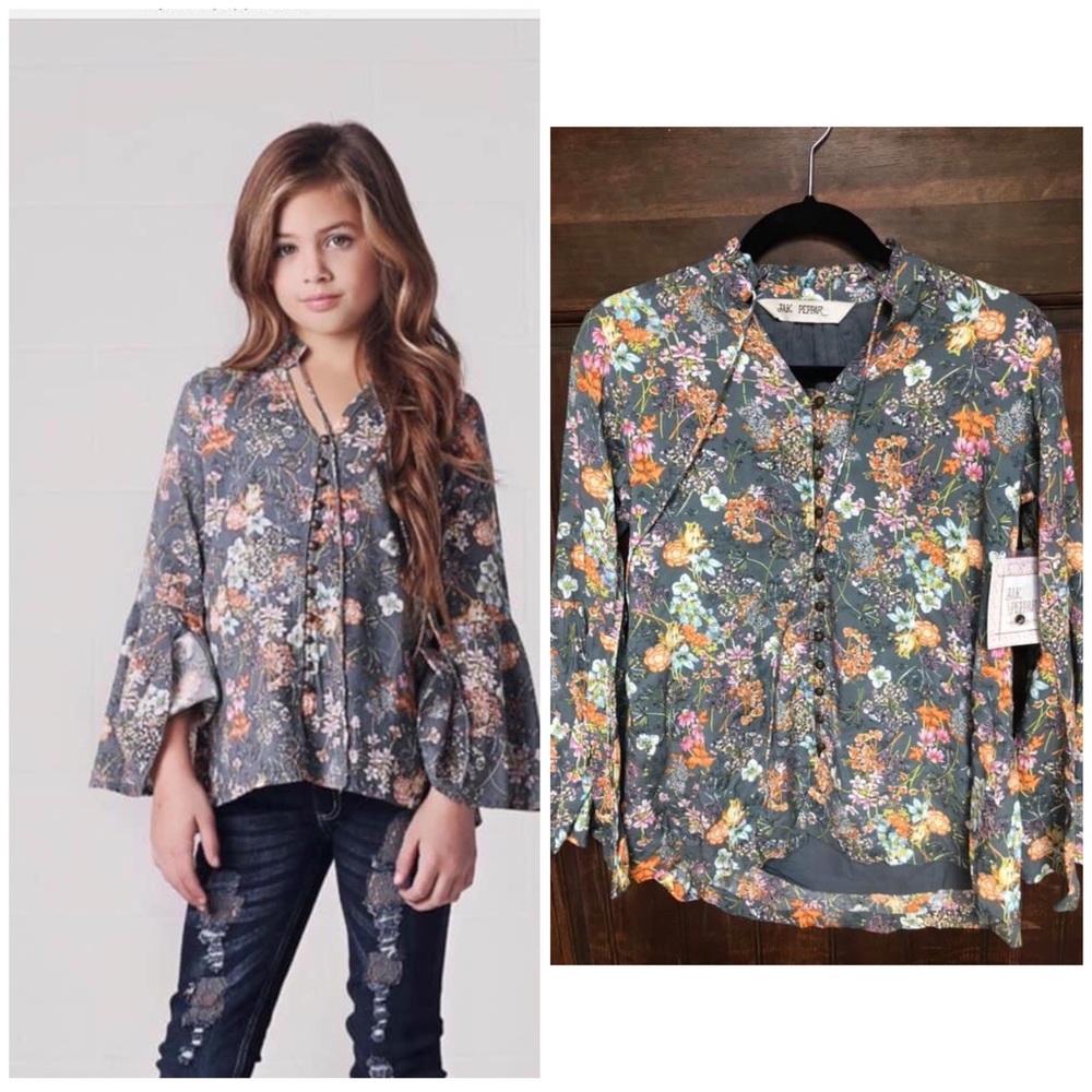 Floral Ruffle-Sleeve Blouse for Girls - Gray/Multicolor